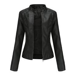 SRUQ Damen PU Lederjacke Biker Style Softjacken mit Reißverschlusstaschen Ausgestatteter Vintage Kurzmantel (Schwarz, M) von SRUQ