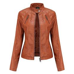 SRUQ Damen PU Lederjacke mit Reißverschluss Motorradjacke Bikerjacke für Herbst Frühling (Braun, L) von SRUQ