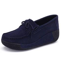 SRUQ Damen Plateau Loafer Damen Wildleder Klassische Mokassins Slip On Casual Walking Driving Wedges Schuhe (Blau, Numeric_39) von SRUQ