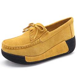 SRUQ Damen Plateau Loafer Damen Wildleder Klassische Mokassins Slip On Casual Walking Driving Wedges Schuhe (Gelb, Numeric_39) von SRUQ