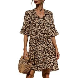 SRUQ Damen Sommer Casual V-Ausschnitt Flare Sleeve Swing Floral Freizeit Midi Kleid Rüschen Lose Kleider (XXL, Gelb) von SRUQ