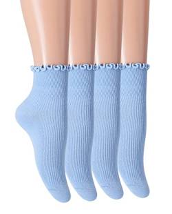 SRYL Damen-Knöchelsocken, Rüschen-Drehmanschette, schöne Doppelnadel, einfarbige Kanten, Mädchen-Socken, Hellblau, 4 Paar, niedriger Schnitt, 37-42 EU von SRYL