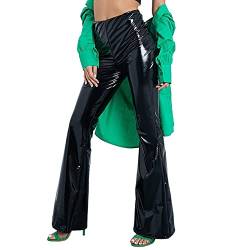 SRZYMJ Damen Hohe Taille Hose Glänzend Wetlook Metallic Cargohose Tanzhose Lackleder Jogger Casual Streethose Bühnen Auftritt Partyhose Nachtclub Disco Clubwear Schwarz L von SRZYMJ