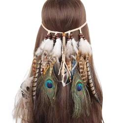 SRZYMJ Feder Kopfschmuck Indianer, Feder-Stirnband, Boho-Kopfschmuck, indische Feder-Stirnbänder, Haarteil, Schmuckzubehör für Damen, Feder Kopfschmuck Khaki von SRZYMJ