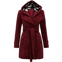 SRZYMJ Wintermantel Damen Wolle Steppjacke Kurze Wollmantel Mit Kapuzenfell Kapuzenjacke Übergangsjacke Damen Tailliert Parka Damen Oliv Kunstpelz Wein Jacke Damen Winter von SRZYMJ