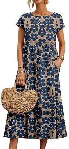 Women's Summer Cotton Linen Floral Printed Short Sleeve Dress Crew Neck Loose Casual Beach Dresses with Pockets (05,2XL) von SSJDDS