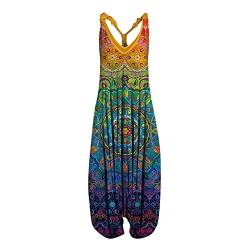 SSLLH Damen Casual Lose Jumpsuit Sommer Boho Lang Druck Overall Baggy Oversize Playsuit Aladinhose Ärmellos Vintage Sommerhose für Frauen Rompers Mädchen Sommeroverall Haremshose, Blau, 3XL von SSLLH