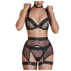 SSLLH Damen Strapse Set Erotic Net Mesh Lingeri mit Metallring Sexy Push Up Dessous mit Bügel Erotische 3-TLG BH und Höschen und Choker Kreis Reizwäsche für Frauen Hohle Perspektive Schlafanzug von SSLLH