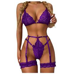 SSLLH Erotic Dessous Set Damen Erotische Spitze Reizwäsche Flirty Lingerie Sexy 3-TGL Strapse für Frauen BH und G-String Strumpfhalter Verführerisches Lace Perspektive Negligee Sex, Violett, S von SSLLH