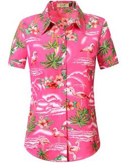 Hawaii-Hemden für Damen, Flamingo-Hemd, tropische Hemden für Frauen, lässig, kurzärmelig, Pink, 3X-Groß von SSLR