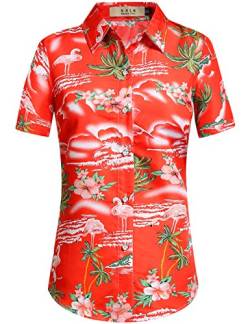 Hawaii-Hemden für Frauen, Flamingo-Shirt, tropische Hemden für Frauen, lässige Kurzarm, Rot, Orange, 3X-Groß von SSLR