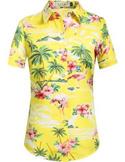 Hawaii-Hemden für Frauen, Flamingo-Shirt, tropische Hemden für Frauen, lässige Kurzarm, hellgelb, Klein von SSLR