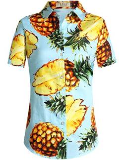 SSLR Damen Bluse Baumwolle Ananas Shirt Kurzarm Hawaii Hemd Sommer Blusen für Damen (X-Large, Blau) von SSLR