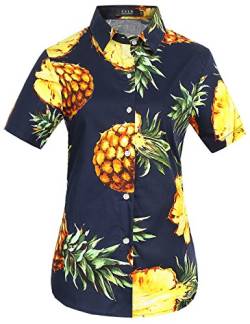 SSLR Damen Bluse Baumwolle Ananas Shirt Kurzarm Hawaii Hemd Sommer Blusen für Damen (X-Large, Navy) von SSLR