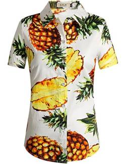 SSLR Damen Bluse Baumwolle Ananas Shirt Kurzarm Hawaii Hemd Sommer Blusen für Damen Weiß, L von SSLR