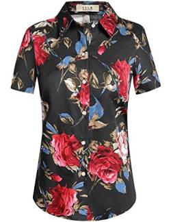 SSLR Damen Bluse Elegant Shirt Kurzarm Hawaii Hemd Sommer Blusen für Damen (Large, Schwarz Rot) von SSLR