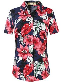 SSLR Damen Bluse Elegant Shirt Kurzarm Hawaii Hemd Sommer Blusen für Damen (X-Small, Marine Rosa) von SSLR