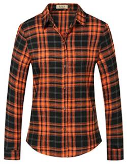 SSLR Damen Flanellhemd Holzfällerhemd Langarmshirt Button Down Kariertes Hemdbluse Langarmhemd Bluse Elegant für Damen (Small, Orange Schwarz) von SSLR