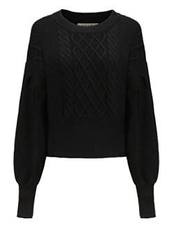 SSLR Damen Strickpullover Oversize Pullover Winter Warm Sweater Rundhals Laternenärmel Pullis für Damen Grobmaschig Crop Pullover (Medium, Schwarz) von SSLR