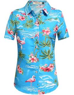 SSLR Hawaii Hemd Damen, Hawaii Bluse Damen, Kurzarm Flamingo Shirt 3D Gedruckt Blumen Hawaiihemd (2X-Large, Blau) von SSLR