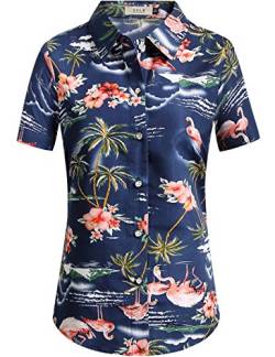 SSLR Hawaii Hemd Damen, Hawaii Bluse Damen, Kurzarm Flamingo Shirt 3D Gedruckt Blumen Hawaiihemd (Large, Dunkelblau) von SSLR