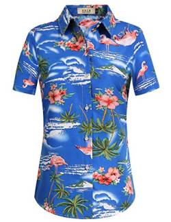 SSLR Hawaii Hemd Damen, Hawaii Bluse Damen, Kurzarm Flamingo Shirt 3D Gedruckt Blumen Hawaiihemd (Large, Saphirblau) von SSLR