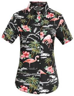 SSLR Hawaii Hemd Damen, Hawaii Bluse Damen, Kurzarm Flamingo Shirt 3D Gedruckt Blumen Hawaiihemd (Large, Schwarz) von SSLR