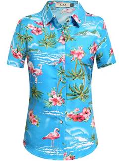 SSLR Hawaii Hemd Damen, Hawaii Bluse Damen, Kurzarm Flamingo Shirt 3D Gedruckt Blumen Hawaiihemd (Small, Blau) von SSLR