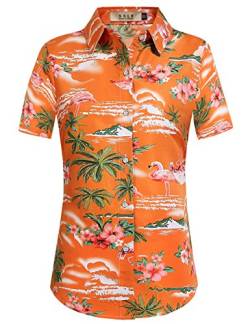 SSLR Hawaii Hemd Damen, Hawaii Bluse Damen, Kurzarm Flamingo Shirt 3D Gedruckt Blumen Hawaiihemd (X-Large, Orange) von SSLR