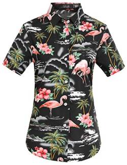 SSLR Hawaii Hemd Damen, Hawaii Bluse Damen, Kurzarm Flamingo Shirt 3D Gedruckt Blumen Hawaiihemd (X-Large, Schwarz) von SSLR