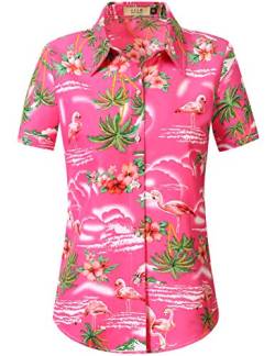 SSLR Hawaii Hemd Damen, Hawaii Bluse Damen, Kurzarm Flamingo Shirt 3D Gedruckt Blumen Hawaiihemd (XX-Large, Rosa) von SSLR