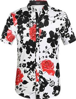 SSLR Hawaii Hemd Männer, Herren Kurzarm Floral Sommer Freizeit Hemden, Baumwolle Kurzarm T Shirt für Herren Button Down & Casual Design (4X-Large, Schwarz Rot) von SSLR