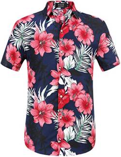 SSLR Hawaii Hemd Männer, Herren Kurzarm Floral Sommer Freizeit Hemden, Baumwolle Kurzarm T Shirt für Herren Button Down & Casual Design (Medium, Rot Marine) von SSLR