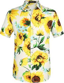 SSLR Hawaii Hemd Männer, Herren Kurzarm Floral Sommer Freizeit Hemden, Baumwolle Kurzarm T Shirt für Herren Button Down & Casual Design (XX-Large, Weiß Gelb) von SSLR