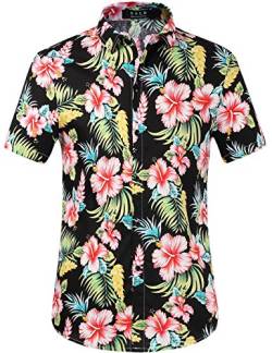 SSLR Herren Hawaiihemd Kurzarm Baumwolle 3D Gedruckt Blumen Freizeit Strand Hemd Button Down Aloha Shirt, XXL, Schwarz von SSLR