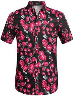 SSLR Herren Hawaiihemd Kurzarm Baumwolle Hemd Blumen gedruckt Aloha Shirt für Strand Freizeit Reise (Large, Schwarz) von SSLR