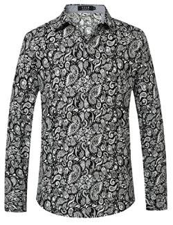 SSLR Herren Langarmshirt Hawaii Hemd Männer Floral Gedruckt Hemd Herren Langarm Button Down Longsleeve Baumwolle Herrenhemd Freizeithemden (Large, Schwarz-Weiß-Gold) von SSLR