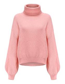 SSLR Oversize Pullover für Damen Winter Strickpullover Grobmaschig Rollkragenpullover Elegant Strickkleid Einfarbig (Large, Rosa) von SSLR