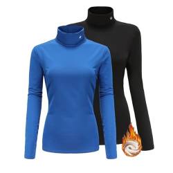 SSLR - Thermo-Shirts für Damen, Rollkragen, langärmelig, mit Fleece gefüttert, Winter, schmal, tailliert, Stehkragen, Schwarz Saphirblau, Klein von SSLR