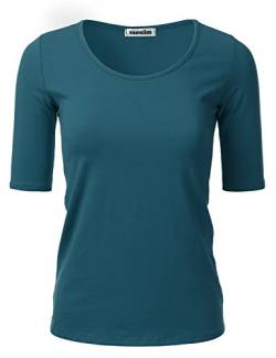 SSOULM Damen 1/2 Arm U-Ausschnitt Baumwolle Basic Slim Fit T-Shirt Top mit Übergröße - Blau - Mittel von SSOULM
