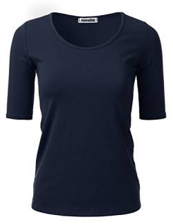 SSOULM Damen 1/2 Arm U-Ausschnitt Baumwolle Basic Slim Fit T-Shirt Top mit Übergröße - Blau - XX-Large von SSOULM