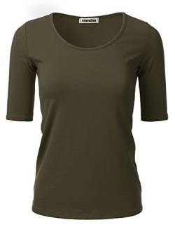 SSOULM Damen 1/2 Arm U-Ausschnitt Baumwolle Basic Slim Fit T-Shirt Top mit Übergröße - Grün - Mittel von SSOULM