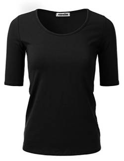 SSOULM Damen 1/2 Arm U-Ausschnitt Baumwolle Basic Slim Fit T-Shirt Top mit Übergröße - Schwarz - Groß von SSOULM