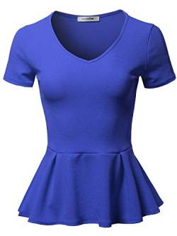 SSOULM Damen Klassische Stretchy Kurzarm Flare Schößchen Bluse Top mit Übergröße - Blau - 3X von SSOULM