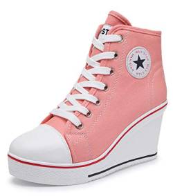 Damen Canvas Schuhe Modisch Keilabsatz 8CM Segeltuchschuhe,Mode Mädchen Turnschuhe Schnürschuhe Reißverschlussschuhe Sneaker für Sport Freizeit Größe 35-43 (Pink, Numeric_37) von SSRSH