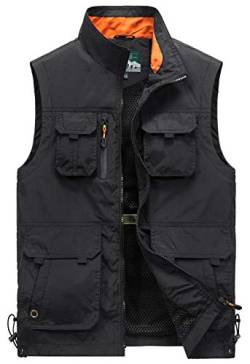 Herren Outdoor Fotografie Wandern Weste Camping Vest Weste mit Vielen Taschen Anglerweste Leicht Safari Weste Sommer Multifunktionsweste Atmungsaktiv Angeln Weste (Schwarz, X-Large) von SSRSH