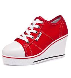 Mädchen Canvas Sportlich Low Top Keilabsatz Damen Schnürer Sneaker-Wedges Sportschuhe Größe 35-43 Schuhe für alle Jahreszeiten Schuhe (Rot, Numeric_35) von SSRSH