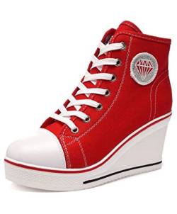 SSRSH Damen Canvas Plateau Wedge Sneakers mit Mode Mädchen Turnschuhe Schnürschuhe Wedge Sportschuhe 8cm Keilabsatz Größe 35-43 (Rot, Numeric_36) von SSRSH