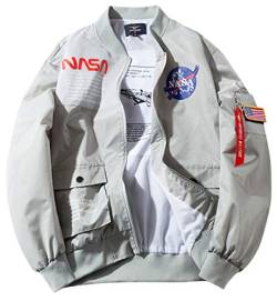 SSRSH Jacke Herren NASA MA-1 Militär Bomberjacke Langarm Frühling-Sommer Mantel Regenjacke Windbreaker Coole Jacke Streetwear mit Reißverschluss Fliegerjacke (Large, Grau) von SSRSH