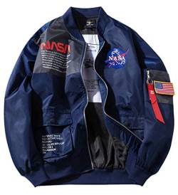 SSRSH Jacke Herren NASA MA-1 Militär Bomberjacke Langarm Frühling-Sommer Mantel Regenjacke Windbreaker Coole Jacke Streetwear mit Reißverschluss Fliegerjacke (Medium, Blau) von SSRSH